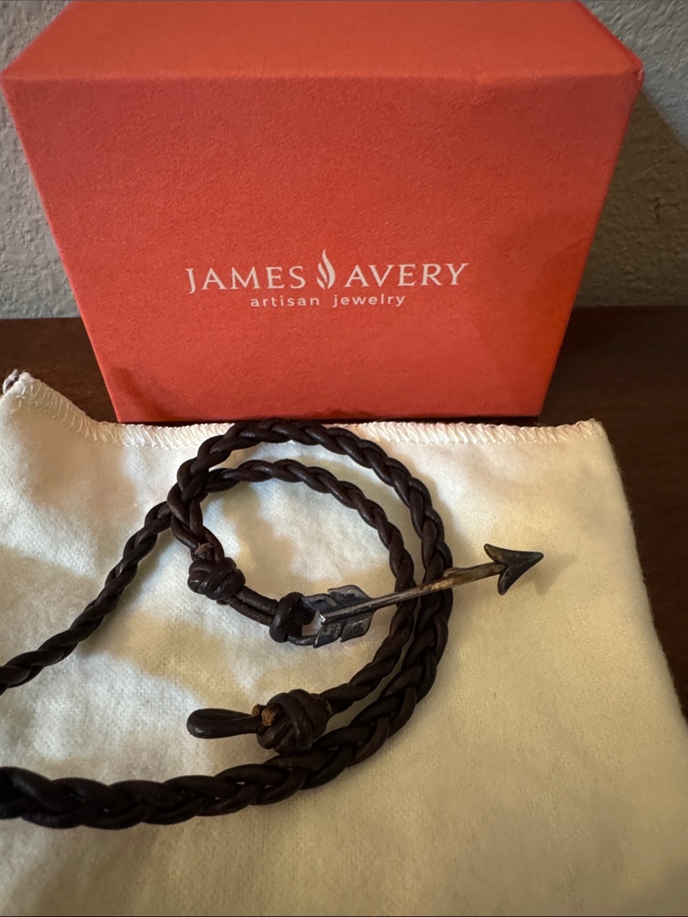James Avery Dark Brown Braided Leather Bracelet with Arrow Accent